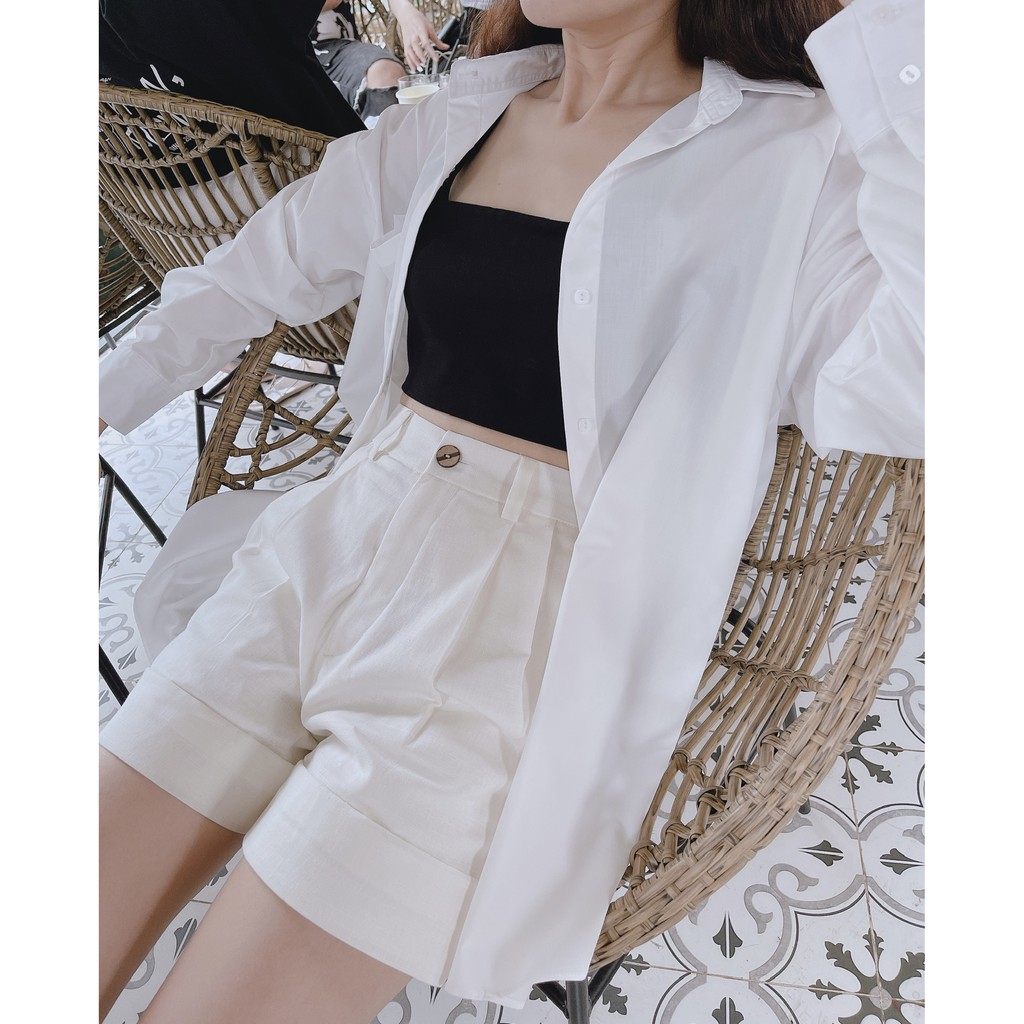 Quần Short Linen Có Lê Vê Màu trắng - HOO DESIGN ( RESTOCK THƯỜNG XUYÊN )