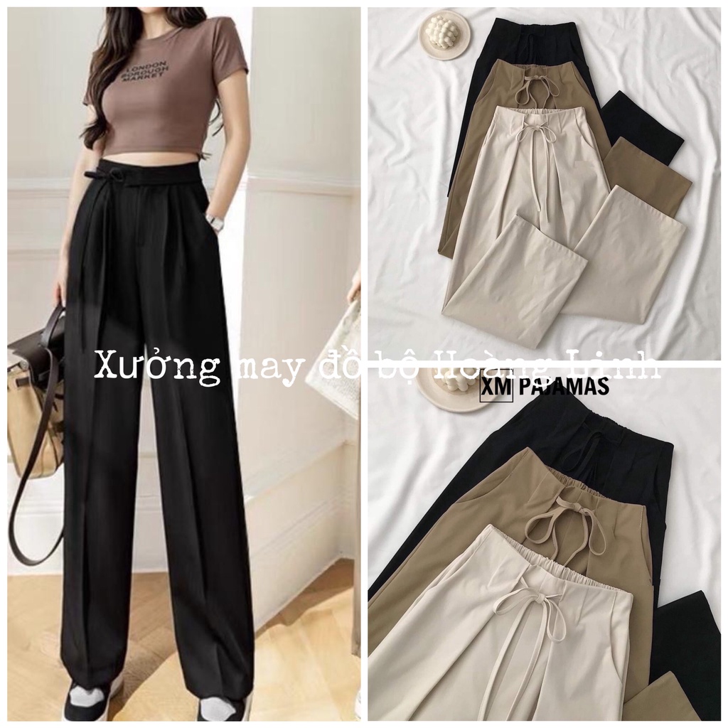 Quần kaki nữ thiết kế cạp dây nơ - Culottes suông ống rộng kéo dài chân học sinh cá tính đường phố hàn quốc ulzzang