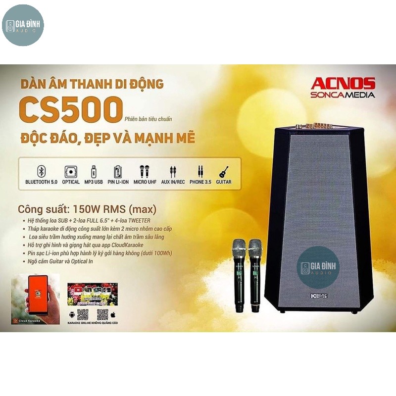 Loa karaoke di dộng Acnos CS500 - Loa siêu trầm - Bluetooth 5.0 - Chính hãng