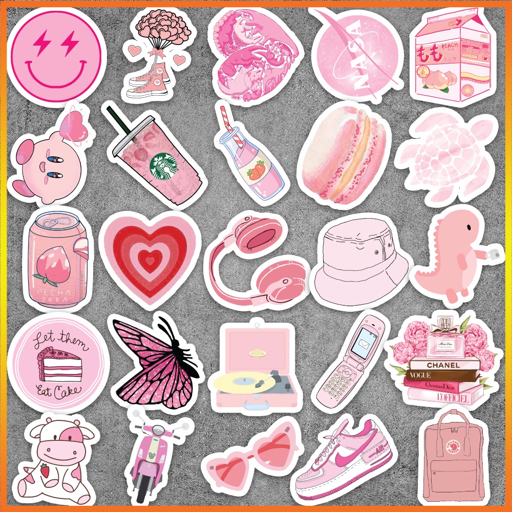 Set 50 cái Sticker màu hồng dán mũ bảo hiểm, hình dán Pink chống nước, decal màu Hồng trang trí laptop, điện thoại
