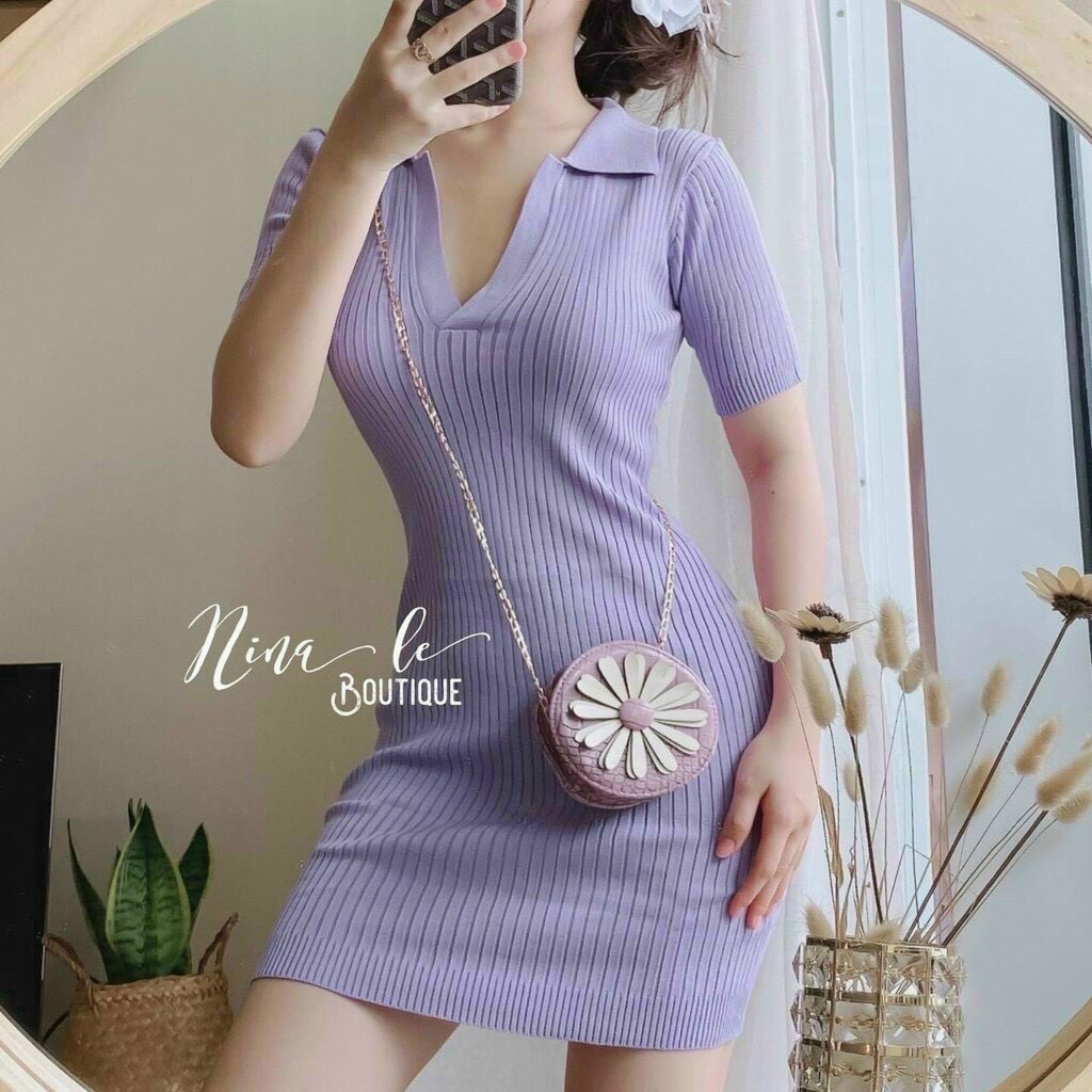 Đầm body cổ sơ mi quá đẹp bốn màu tím trắng hồng và xanh