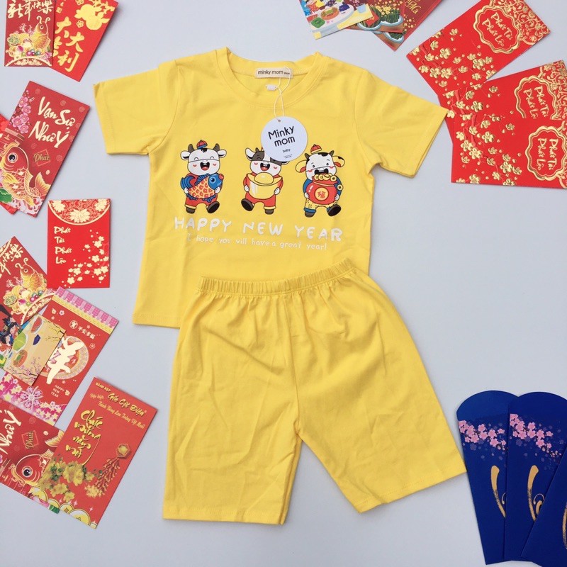 [Xả Kho] [MẪU TẾT] Bộ ngắn tay cộc tay HAPPY NEW YEAR Minky mom cotton 100% mềm mịn mát cho bé trai bé gái từ 10-32kg