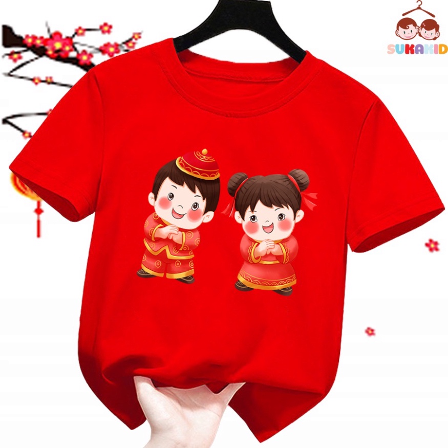 Gía sỉ Combo 4 .Áo thun tết cho bé hình 2 bé chúc tết ( Bé trai và gái) áo cho bé từ 6kg-30kg.AT01.