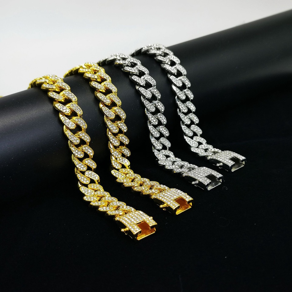 Vòng Tay Dạng Chuỗi Xích 13mm Màu Vàng / Bạc Đính Đá Thời Trang Sang Trọng Cho Nam Nữ