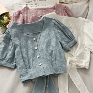 Hong Kong flavor retro embossed short row single new female clothes sweater behind back bow tibe short sleeve tide