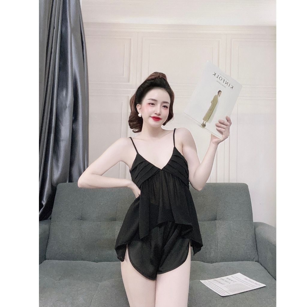 Bộ đồ ngủ nữ sexy TUTA bộ lụa mặc nhà 2 dây quần đùi chất lụa satin phối chiffon cao cấp - MK03