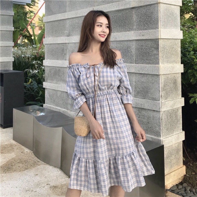 Váy Trễ Vai kẻ Caro ( Có ảnh thật )