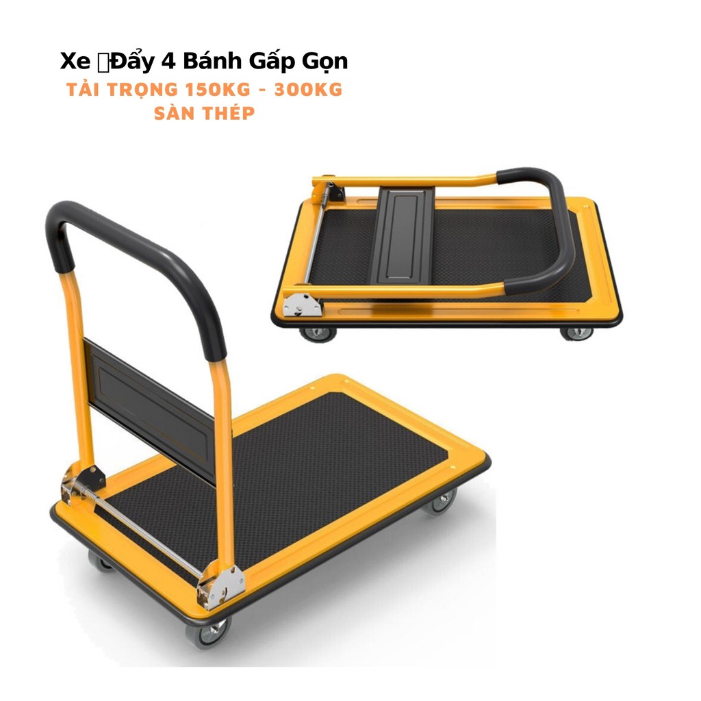 Xe Đẩy Tay 4 Bánh Cao Su Chống Ồn Gấp Gọn Đa Năng Tải trọng Lớn 150KG Mặt sàn sắt