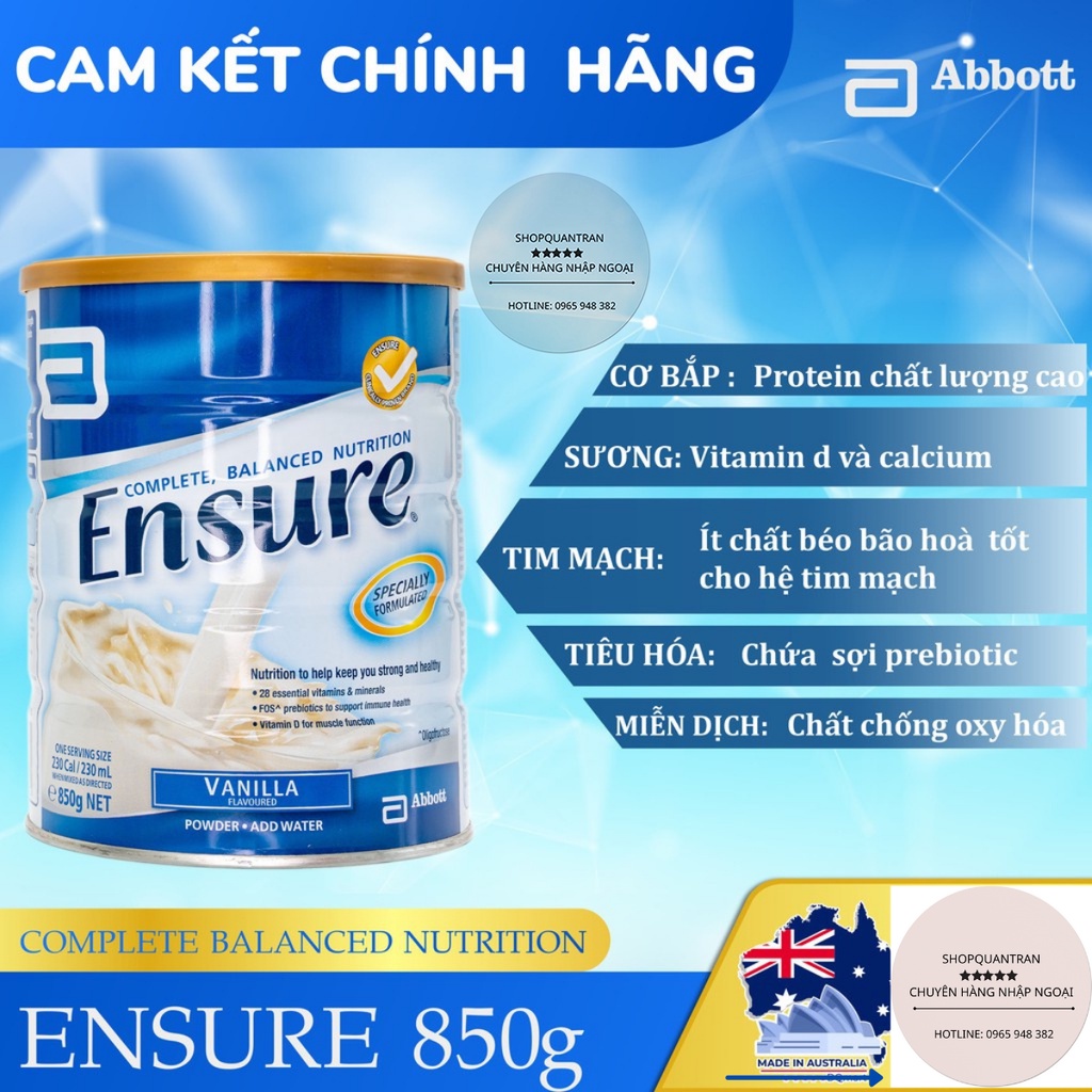 [Mã GROSALE55 giảm 8% đơn 500K] Sữa Ensure Úc Hộp 850g (Date Mới 2023) Hương Vanilla Chính Hãng Giá Tốt