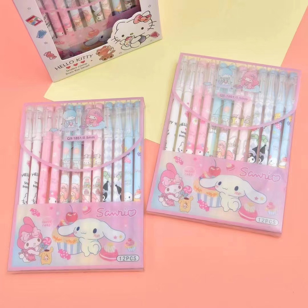 Set 6 Bút Mực Đen / Xanh Dương Sanrio Mymelody Kuromi Cinnamoroll Pompom Purin Có Thể Xóa Được