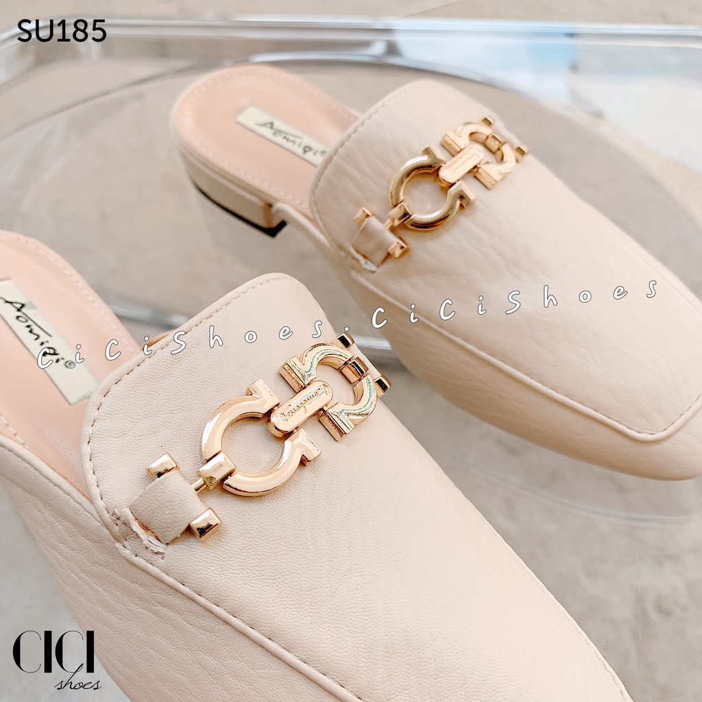 Giày cao gót nữ CiCi Shoes 1cm gót vuông, dép sục mũi vuông khoá xích - SU185