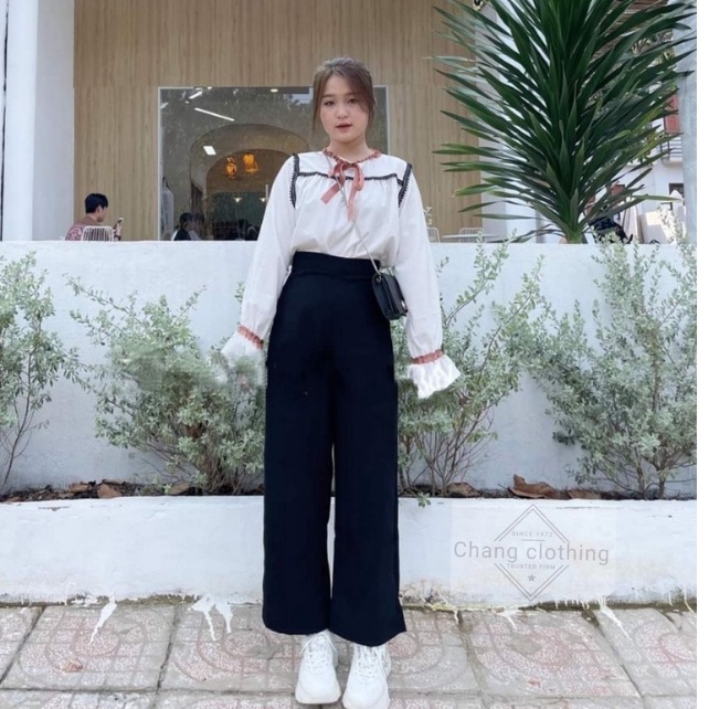 Quần tây ống rộng nữ khóa sườn lưng cao đi học màu đen dáng xuông đứng dài - Quần vải nữ cạp cao công sở vải mềm xuông