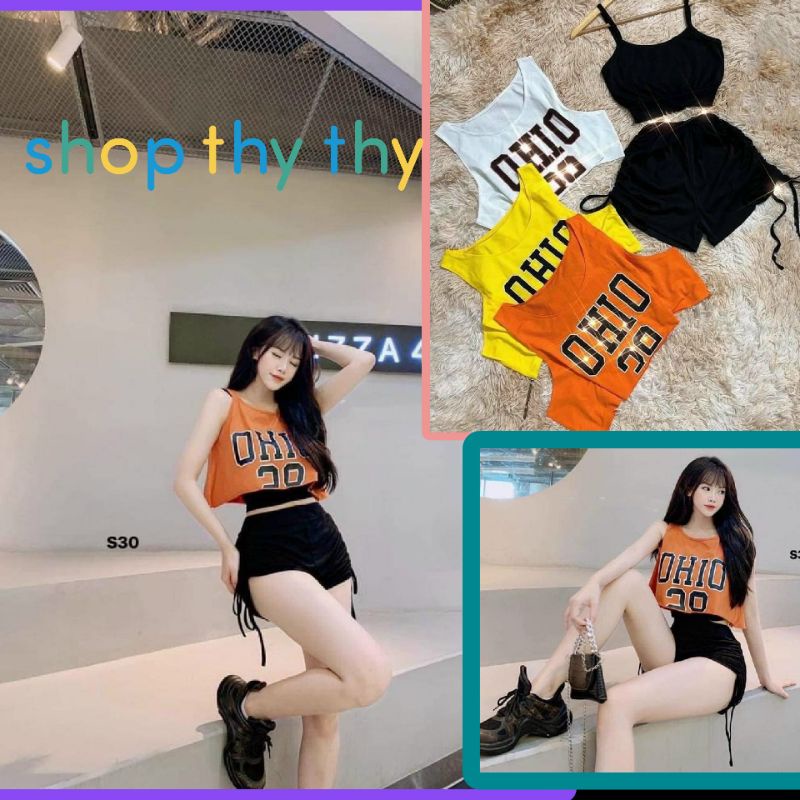 Bộ quần đùi dây rút kèm 2 áo thun lững croptop kiểu tanktop_Set Bộ thể thao teen 3 món cho nữ mặc đi chơi vận động