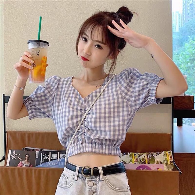 Áo croptop tay phồng sọc 5 màu nhún eo chất vải mềm LIKANO CRT04