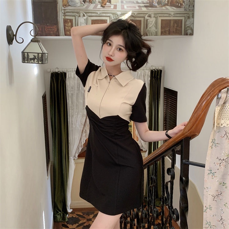 Color collision Design split-forked dress Women's Spring and Summer Korean version 2022 new POLO collar waist show thin short-sleeved skirt