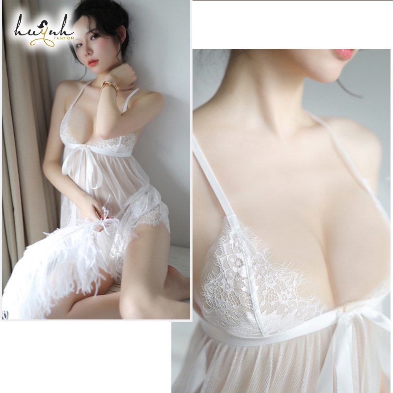 Váy Ngủ Ren Xuyên Thấu Xẻ Tà Trước Phối Nơ Sexy Gợi Cảm - N38