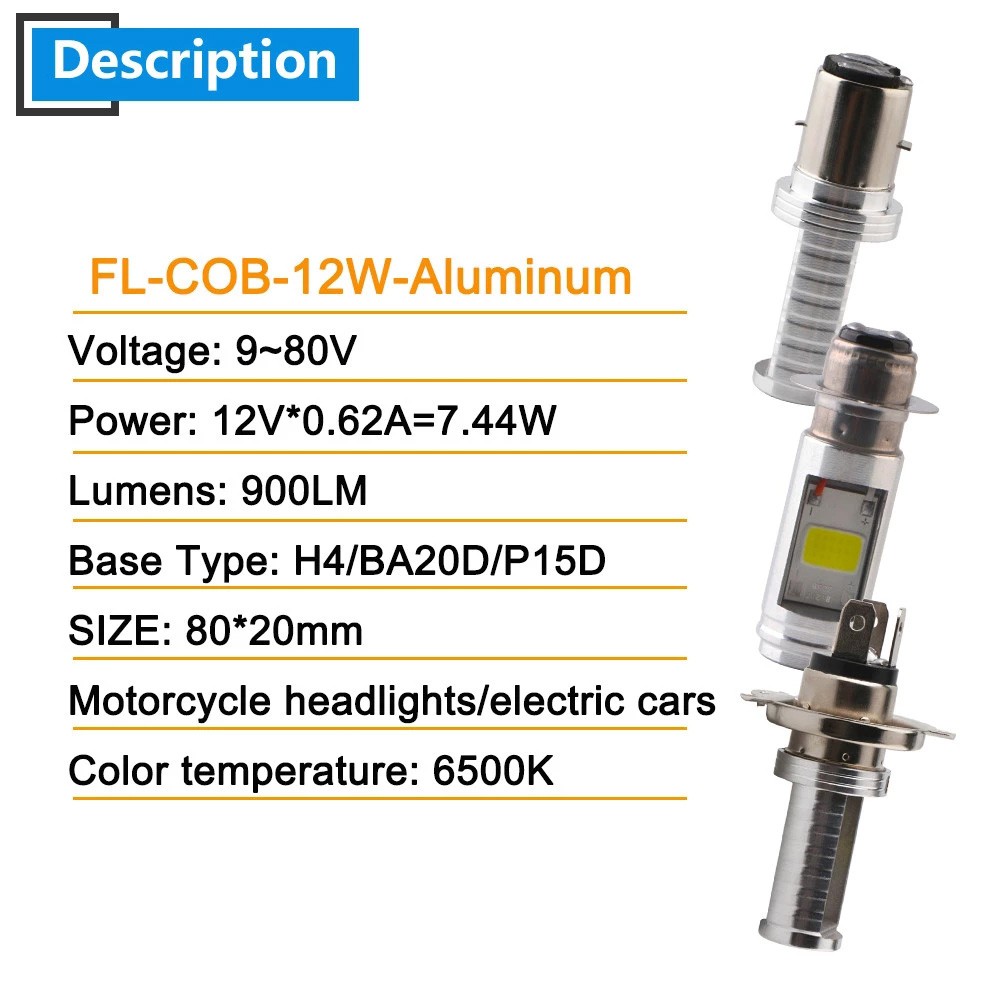 1 Đèn Pha LED H4 BA20D H6 P15D COB 12V 12W 900LM Cho Xe Máy