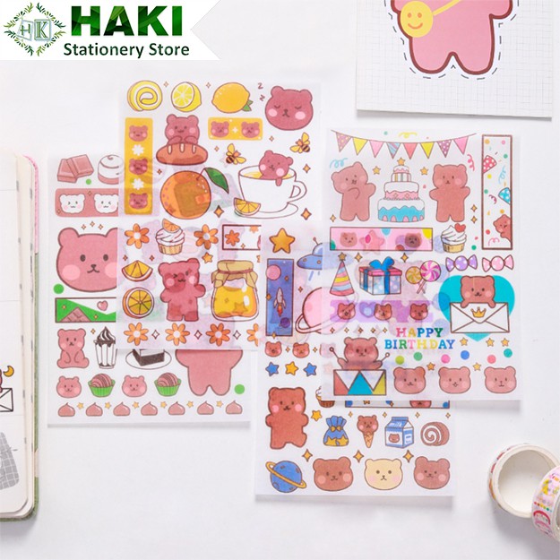 Sticker cute thỏ gấu HAKI, hình dán cute 4 tấm sticker trang trí sổ đáng yêu dễ thương giá rẻ ST22