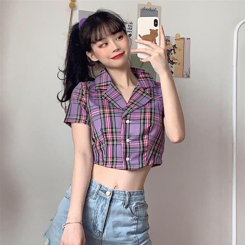 ÁO SƠ MI CROPTOP TAY NGẮN KẺ SỌC CARO THỜI TRANG CHO NỮ - CROPTOP CARO KẺ TÍM ĐEN ĐỎ HỒNG VÀNG XANH  ྇