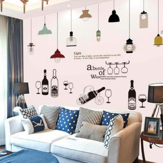 Decal dán tường  Combo 2 tranh dây đèn thả + trang trí chai rượu