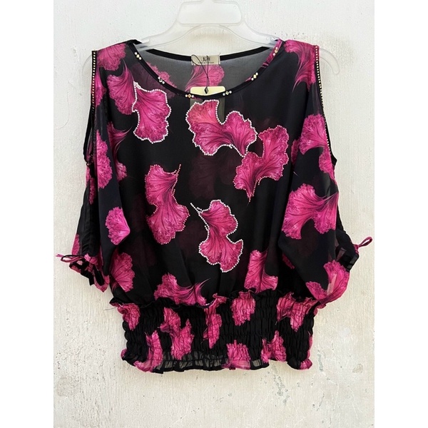 Áo Kiểu Nữ Tay Rớt Vai Hoạ Tiết Bông Sang Trọng Free Size 50-68Kg