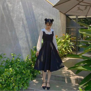 Set Áo Voan Cổ Sen Và Yếm Midi Đen Set Gồm Áo Vol Tơ Cổ Sen Tay Bồng Kèm Yếm Midi Cute Dã Man