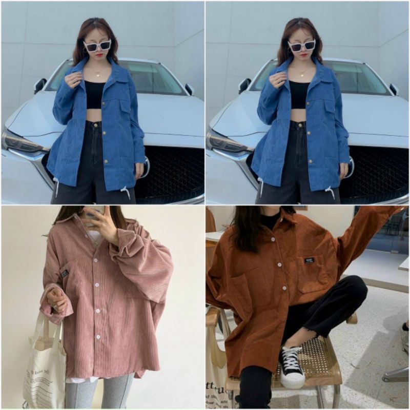 Áo Khoác Nhung Gân Dây Rút Hàn Quốc💖HOT RẺ ĐẸP Áo Sơ Mi Tay Dài Kiểu BASIC Unisex Chống Nắng Logo Thêu Couple Jakets