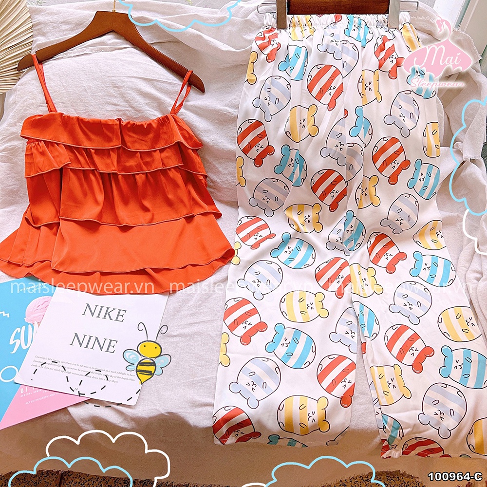 Bộ Đồ Ngủ Pyjama MAI SLEEPWEAR Lụa Mặc Nhà Áo Dây Tầng Quần Dài Họa Tiết Trẻ Trung Cao Cấp MS964