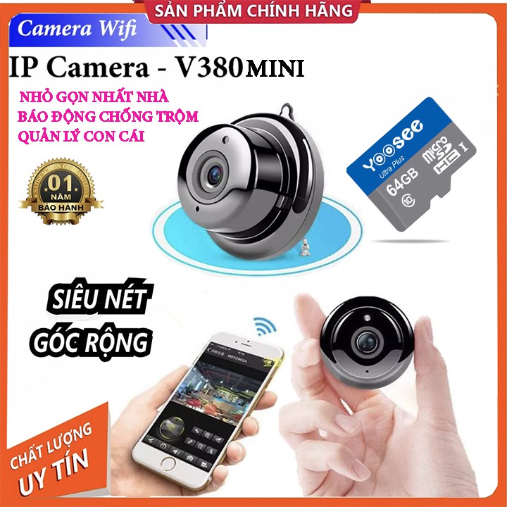 Camera V380 MINI FULL HD Nhỏ Gọn Báo Động Chống Trộm, Quan Sát Rõ Ngày Đêm Kèm Thẻ Nhớ 64Gb Chính Hãng