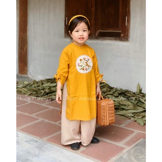Set Áo Dài Vải Linen Họa Tiết Thêu Tay Cho Bé Gái [Tặng Kèm Cài Đầu]