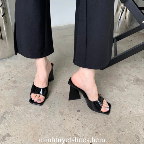 Giày cao gót Minhtuyetshoes hở mũi quai ngang bản rộng- Guốc cao gót gót vuông xéo cao 9cm gót nai mã GCGV