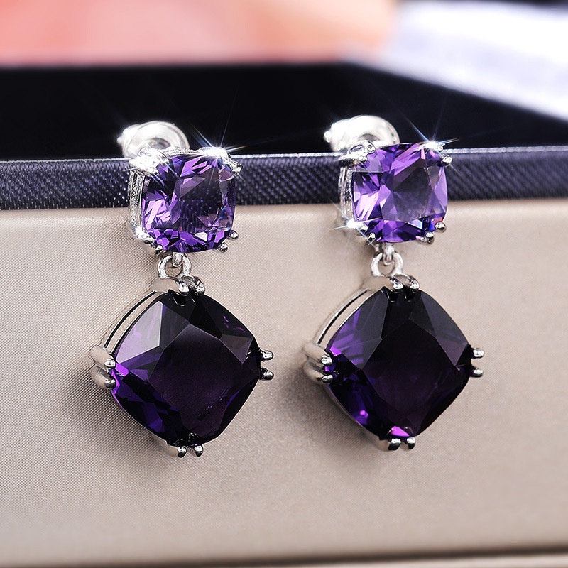 Khuyên tai PINKDUDU PD655 mạ bạc đính đá zircon tím vuông nhân tạo thời trang dành cho nữ