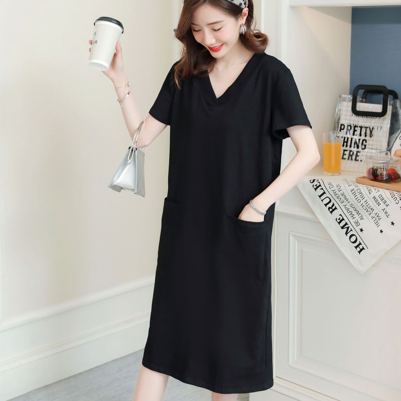 Đầm Thun Cotton Tay Ngắn Cổ Chữ V Dáng Rộng Phối Túi Lớn Thời Trang 2020 Cho Nữ