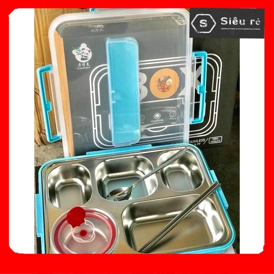 Hộp đựng cơm giữ nhiệt Inox BinCoo 5 ngăn có bát canh, thìa đũa - Hộp đựng cơm thông minh có giá để điện thoại