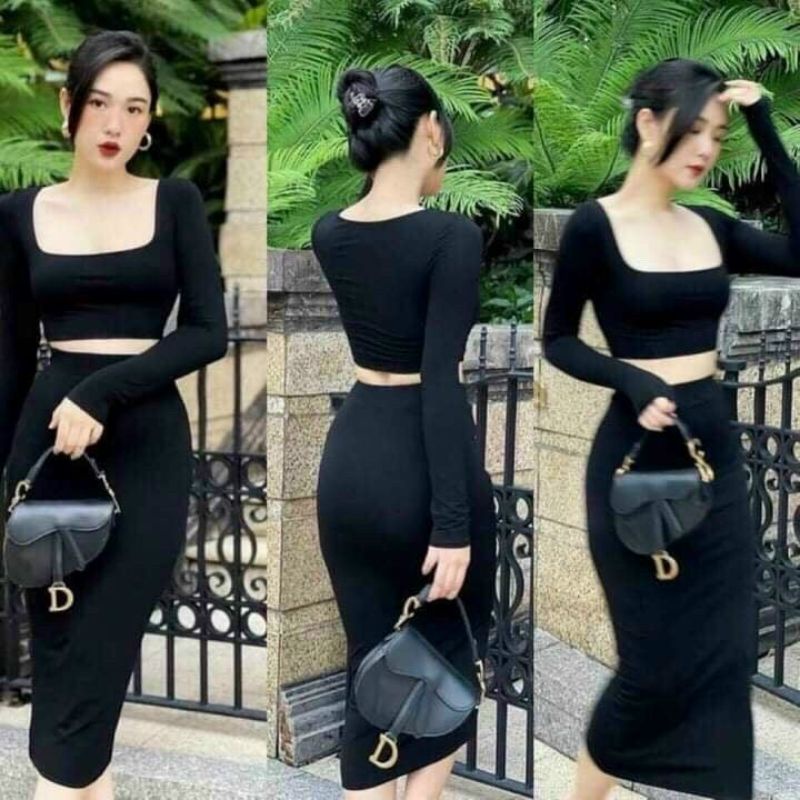 Set Thun Áo Croptop Tay Dài Cổ Vuông Và Chân Váy Dáng Dài Maxi Ôm Body Sexy