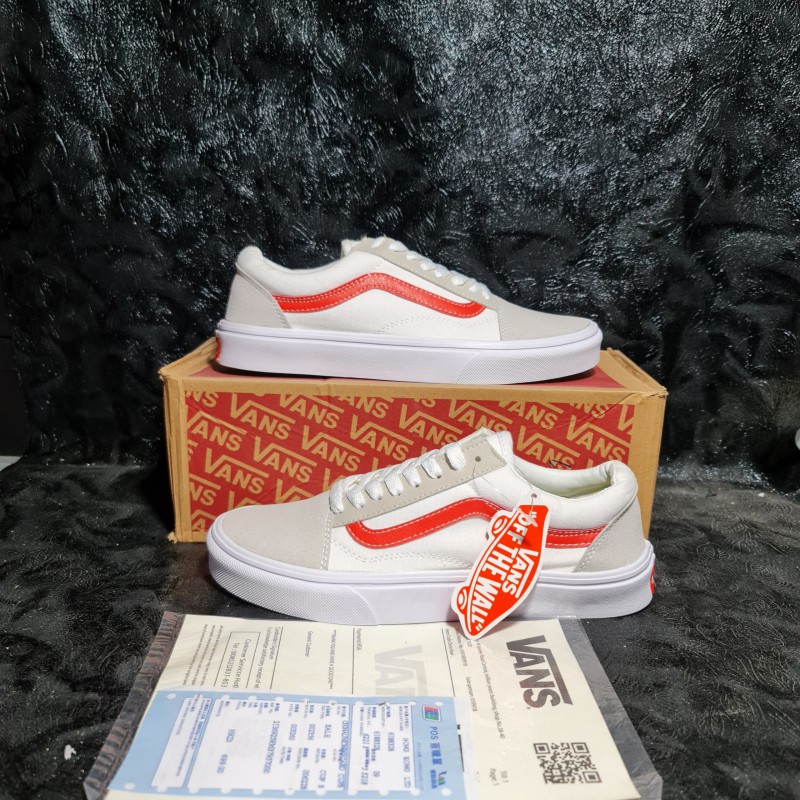 Giày thể thao nam nữ Vans Old Skool trắng sọc đỏ cổ thấp White Red