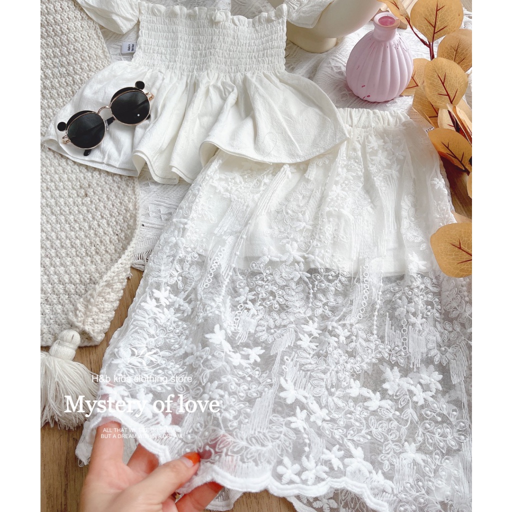 Set bộ váy maxi trắng đi biển phối ren siêu yêu cho bé S4BT9