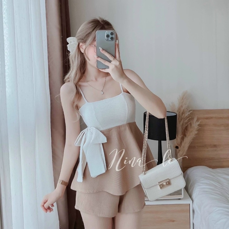 set áo dây xốp phối quần short