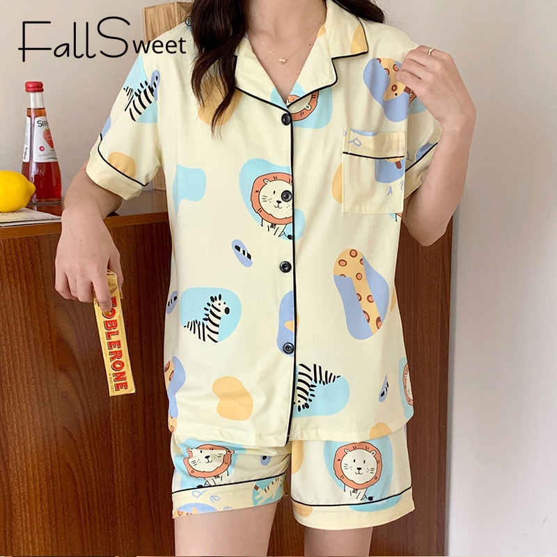 Bộ đồ ngủ hai mảnh FALLSWEET họa tiết kẻ sọc thời trang Hàn Quốc mùa hè cho nữ pijama cổ vuông