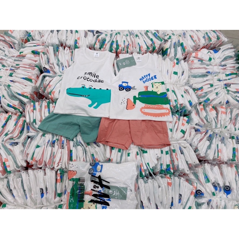 Set 2 bộ thun cotton sát nách mùa hè, bộ ba lỗ bé trai họa tiết cá sấu xanh và khủng long cam chất mềm mịn, thoáng mát