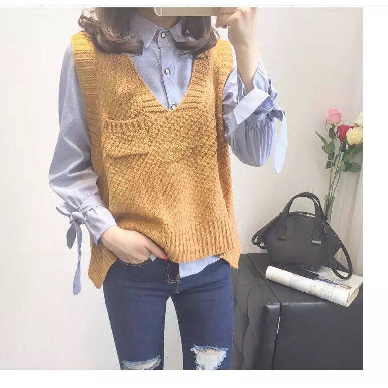 Áo len không tay cổ chữ V thiết kế không đồng đều nhiều màu sắc | BigBuy360 - bigbuy360.vn