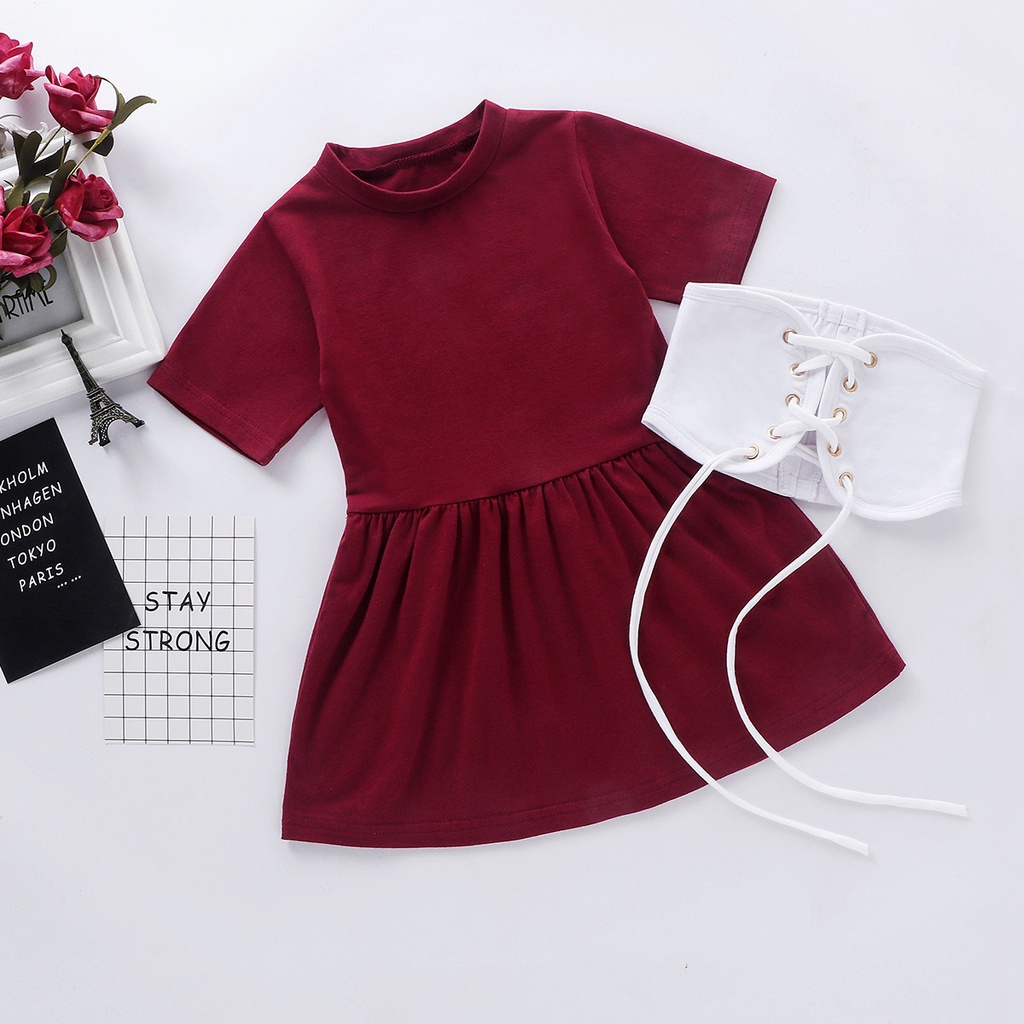 Set đồ 2 món gồm đầm tay ngắn thời trang + băng quấn eo màu trơn dành cho bé gái 1-6 tuổi