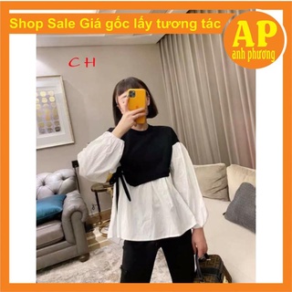 Áo phối vạt sơ mi nơ ep có ảnh thật sp