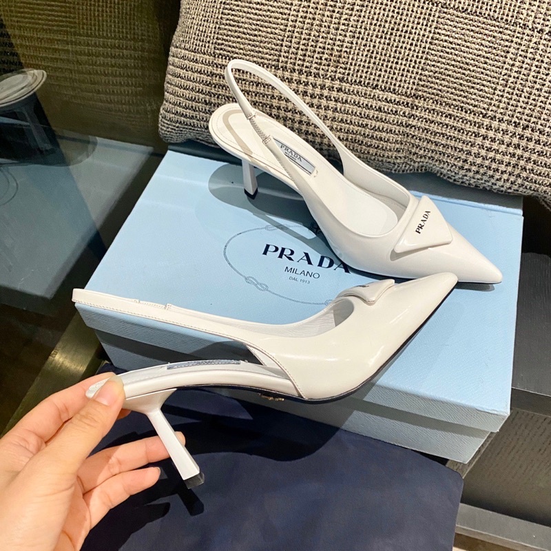 Giày cao gót mũi nhọn quai hậu thương hiệu Prada da thật cao cấp