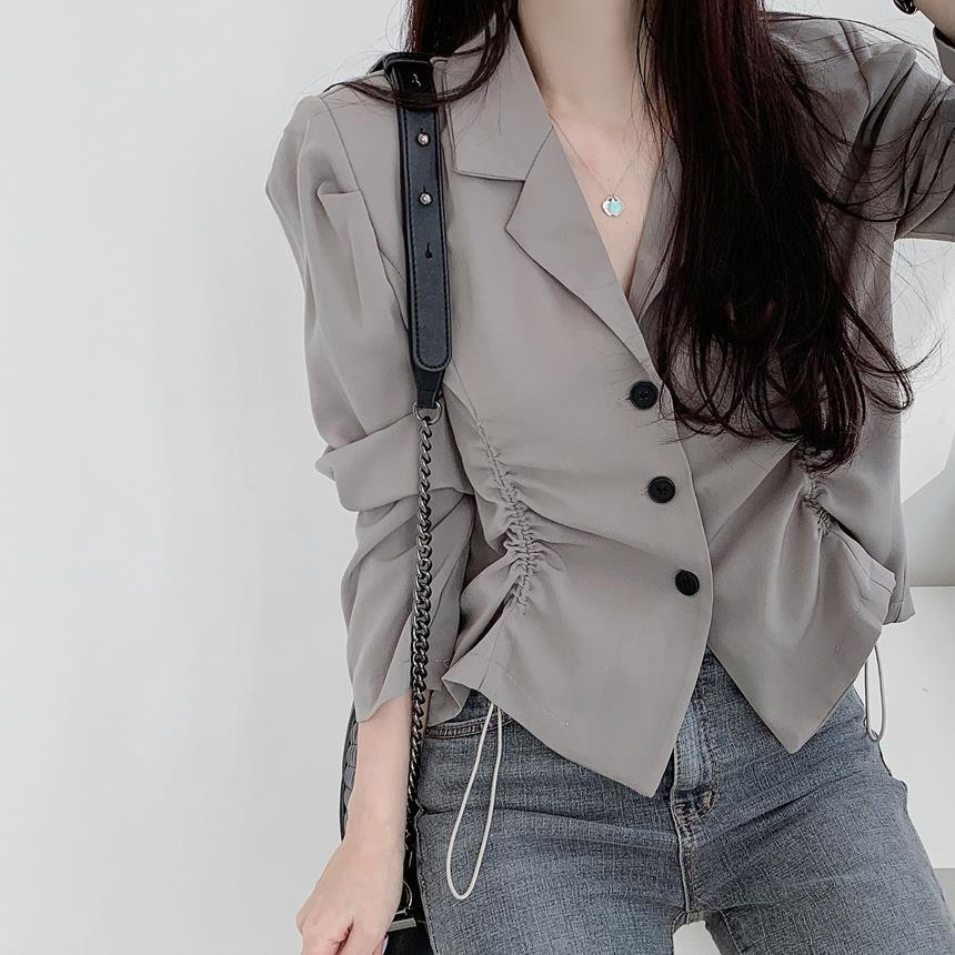 Áo Sơ Mi Tay Dài Cổ Bẻ Phối Dây Rút Phong Cách Hàn Quốc Thời Trang Mùa Thu Cho Nữ