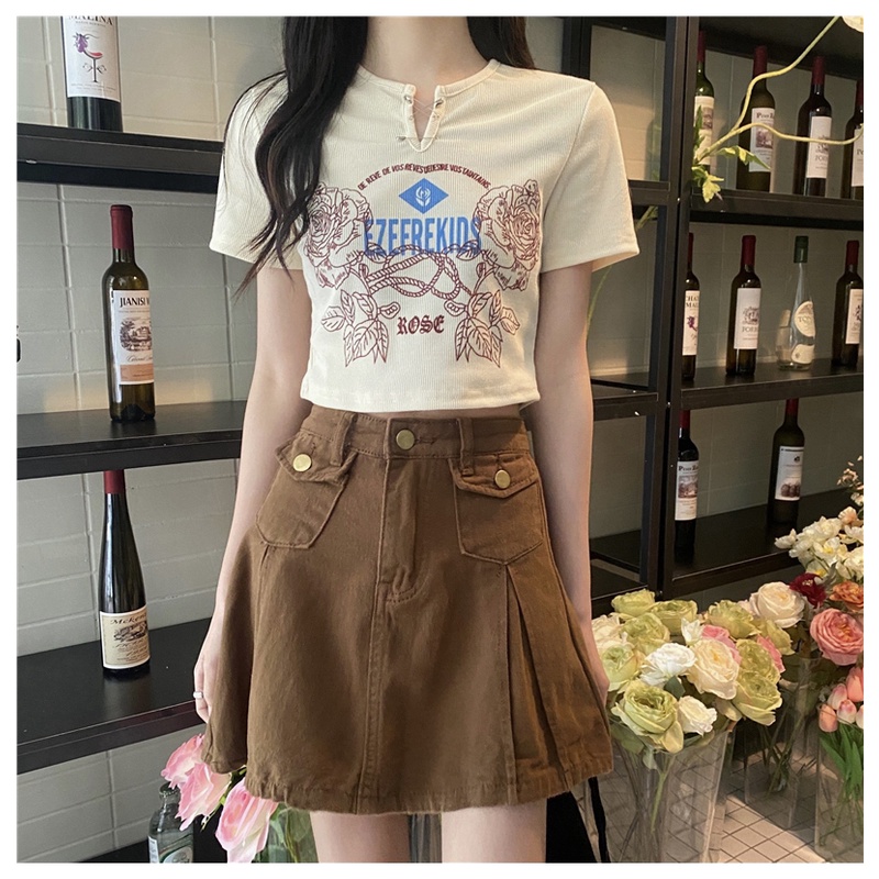 Áo kiểu SUXI tay ngắn cổ chữ V in họa tiết chữ cái thời trang dành cho nữ