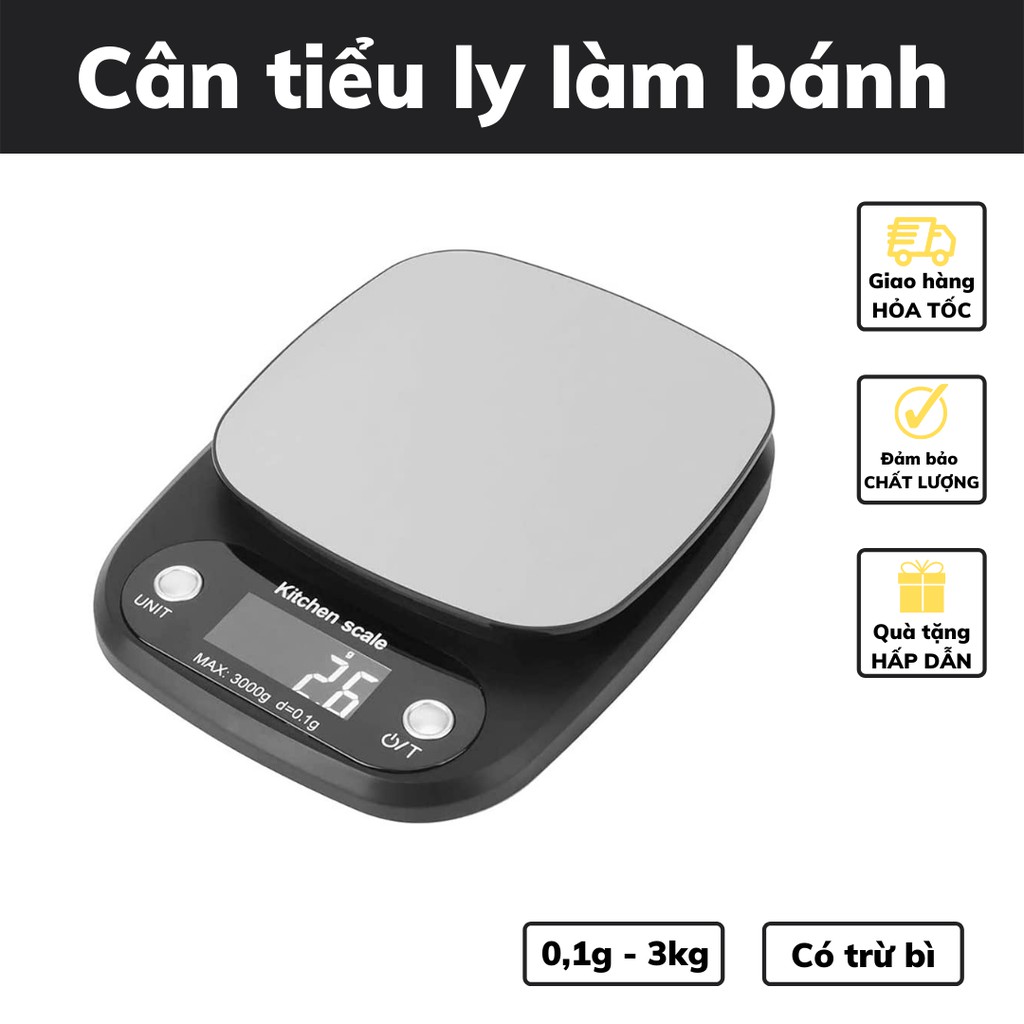 Cân tiểu ly điện tử làm bánh mini cân nhà bếp pha cà phê định lượng 0,1g - 3kg - 5kg -10kg tặng kèm pin AA