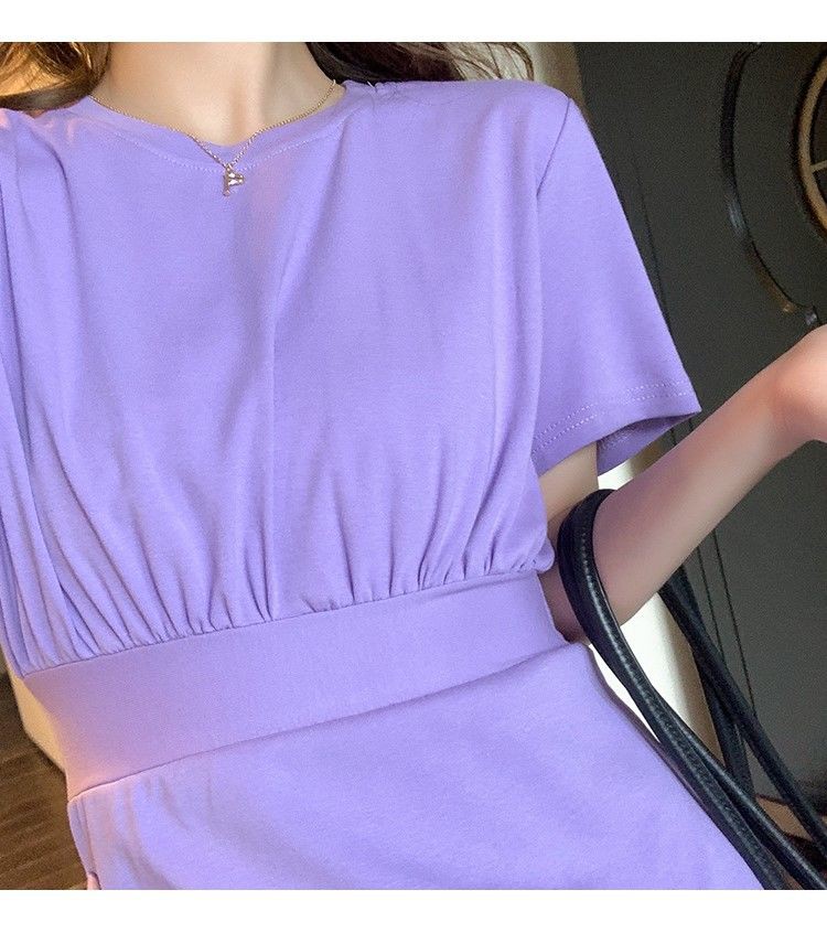 Váy màu tím Orton nữ phong cách OREAN túi dây A váy hông áo phông váy ngắn