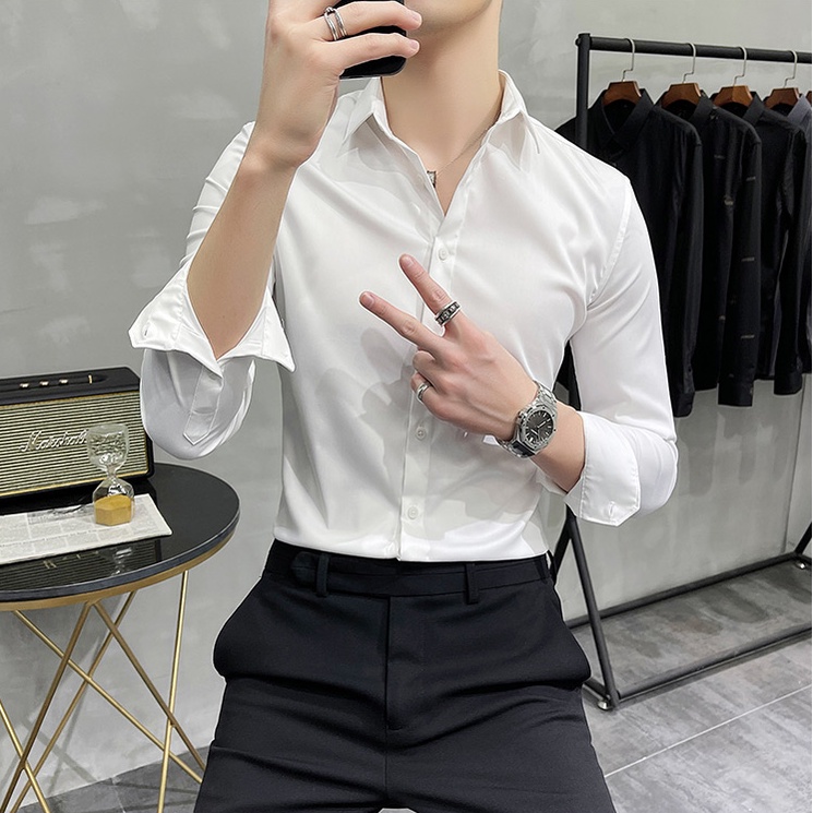 Áo sơ mi nam dài tay Unisex Basic màu trắng và đen, Áo sơ mi vải lụa thái mềm mịn , chống nhăn , chống xù cao cấp