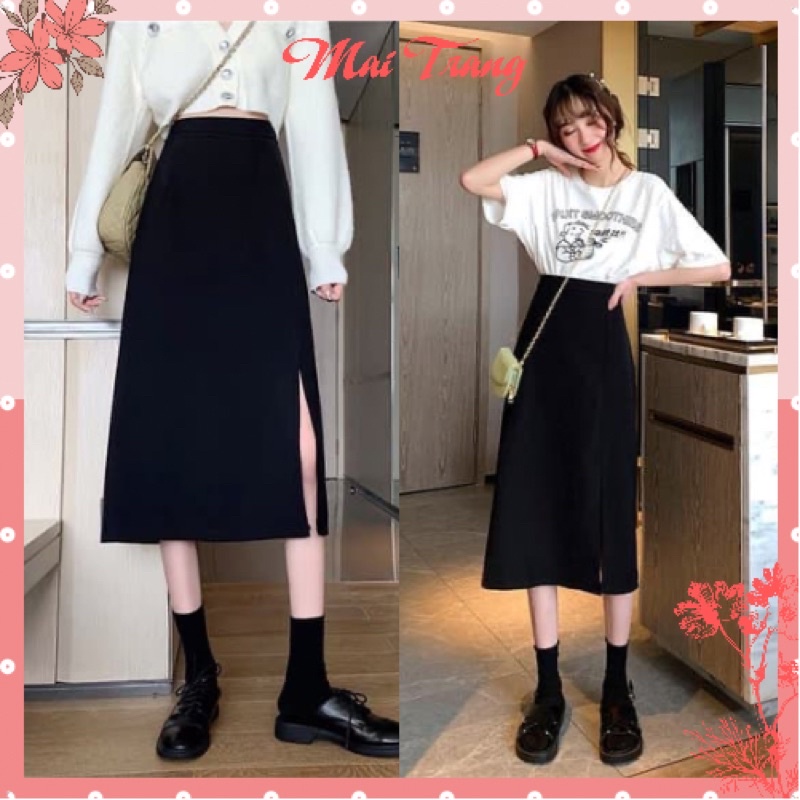 Chân váy midi xẻ tà dài dáng chữ A lưng cao, Chân váy dài ulzzang công sở, đi chơi đẹp – (CV04)